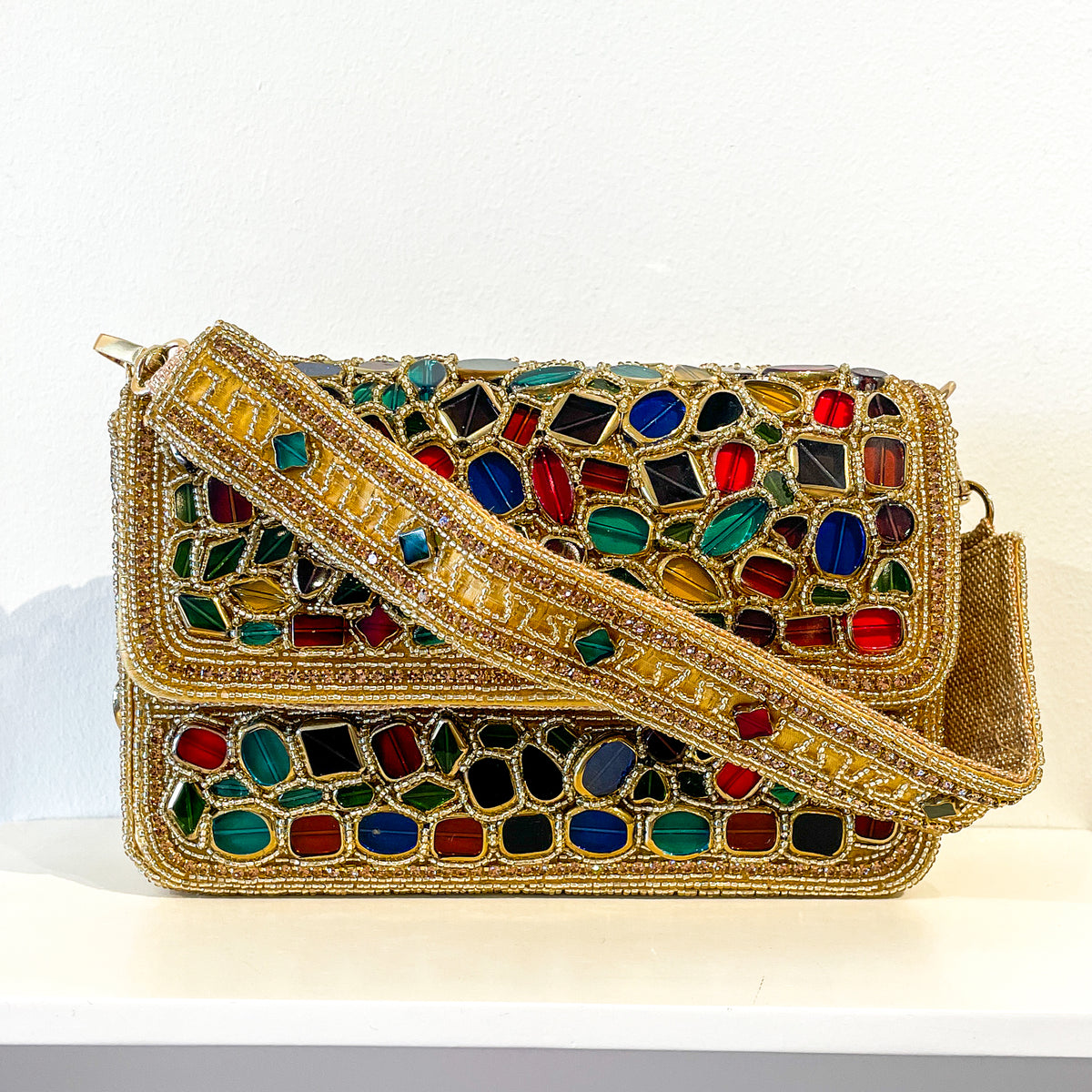 Evening Box Clutch | Mosaic Beading | Gold with Aqua and Sapphire