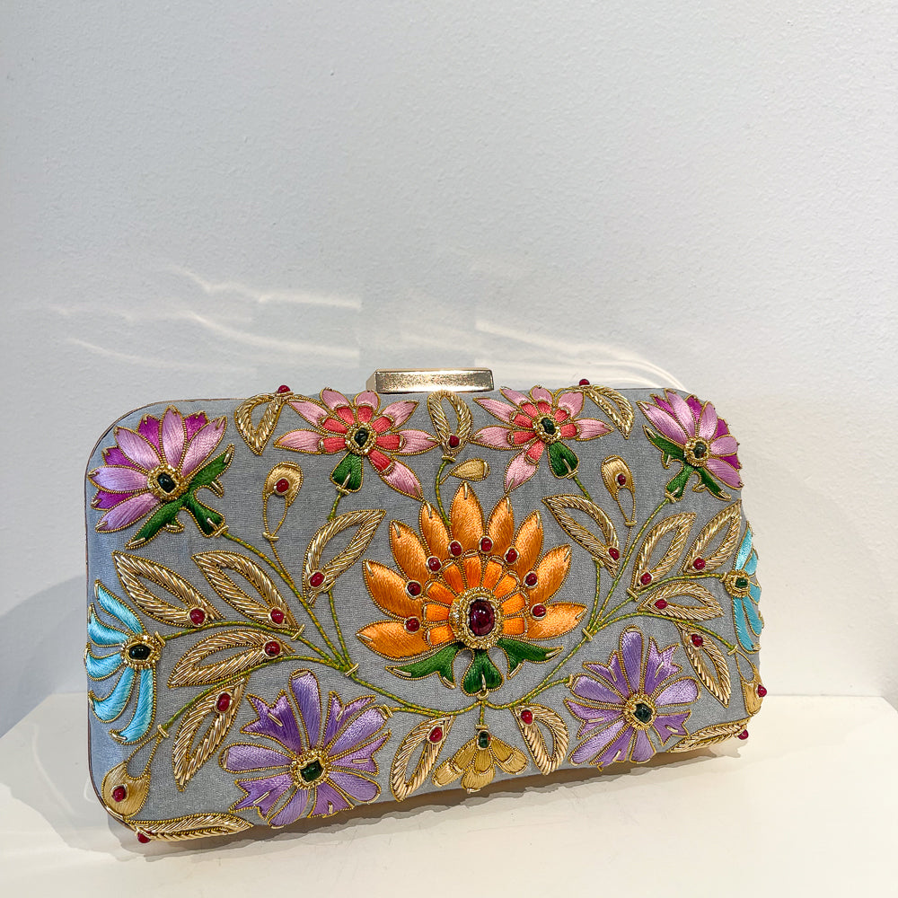 Evening Box Clutch | Platinum Blue Silk | Lotus Embroidery Jade &amp; Onyx Cabochons | Mariam Zardozi