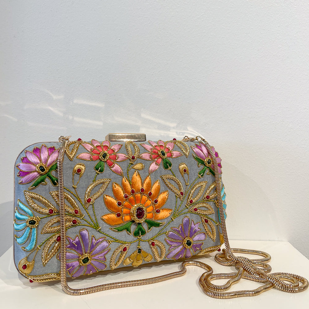 Evening Box Clutch | Platinum Blue Silk | Lotus Embroidery Jade &amp; Onyx Cabochons | Mariam Zardozi
