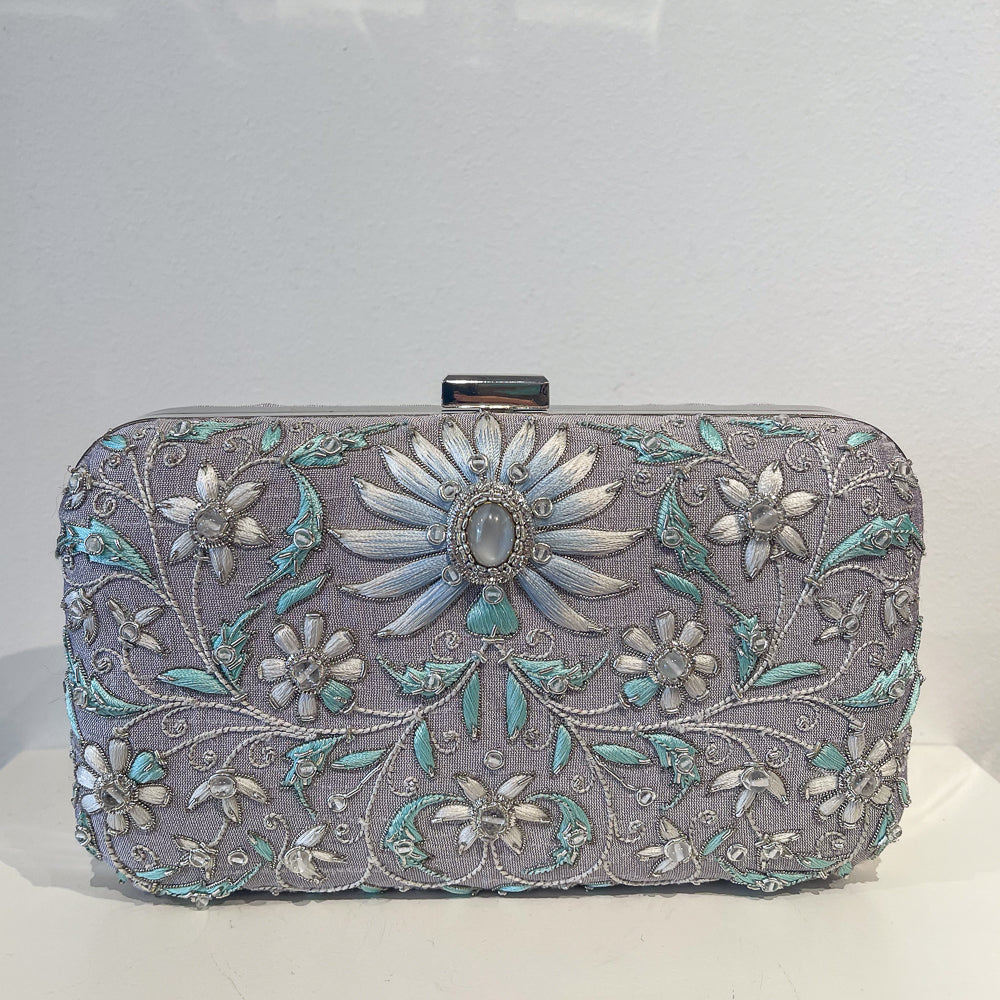 Evening Box Clutch | Platinum Blue Silk | Lotus Embroidery &amp; Aqua Chalcedony | Mariam Zardozi