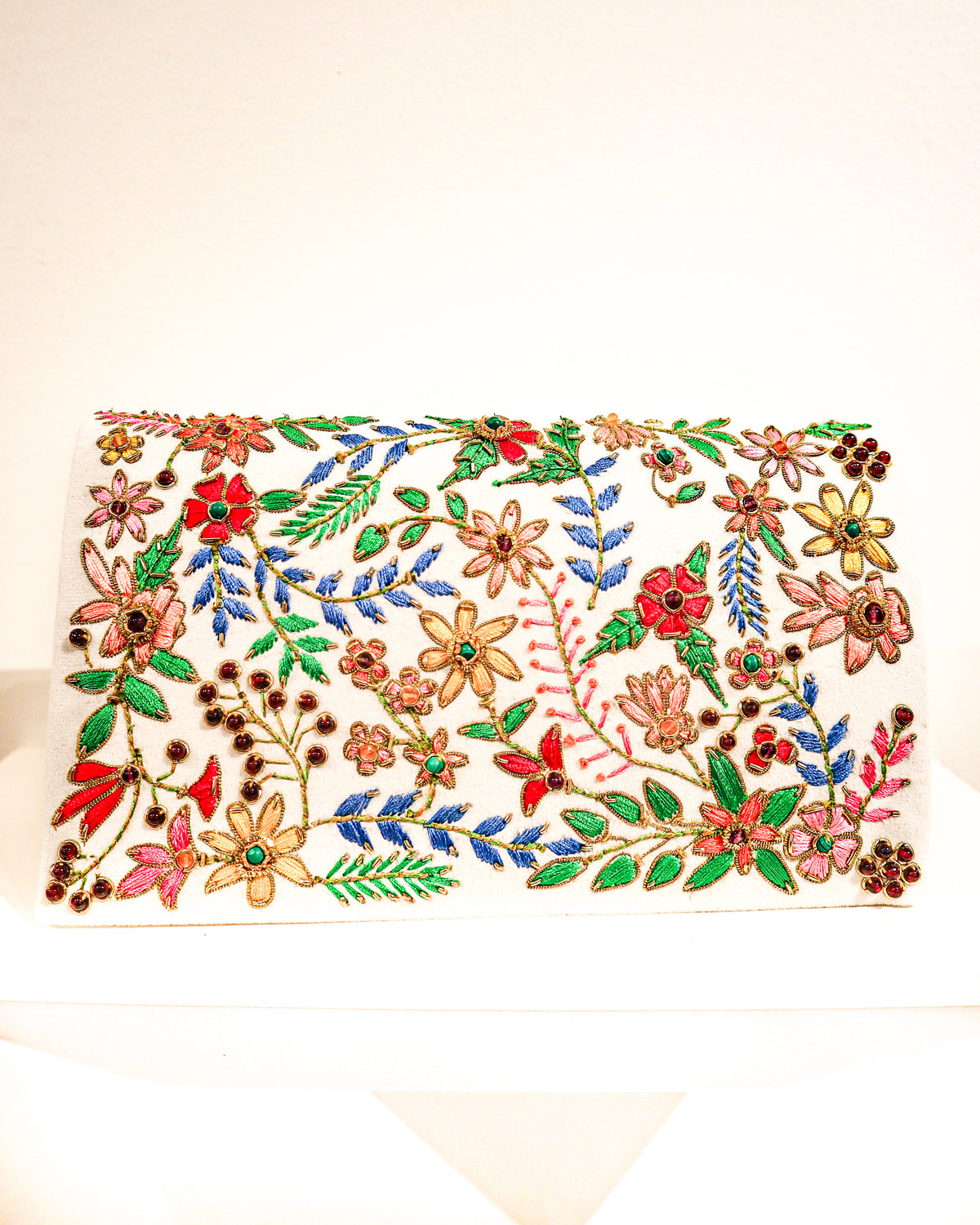 Evening Clutch | Bold Floral | White Velvet, Emeralds, Lapis, Garnets | Mariam Zardozi