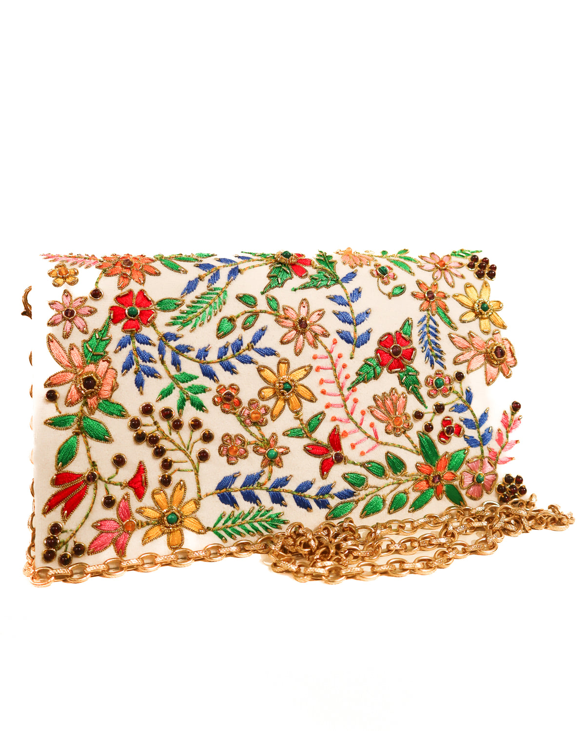 Evening Clutch | Bold Floral | White Velvet, Emeralds, Lapis, Garnets | Mariam Zardozi