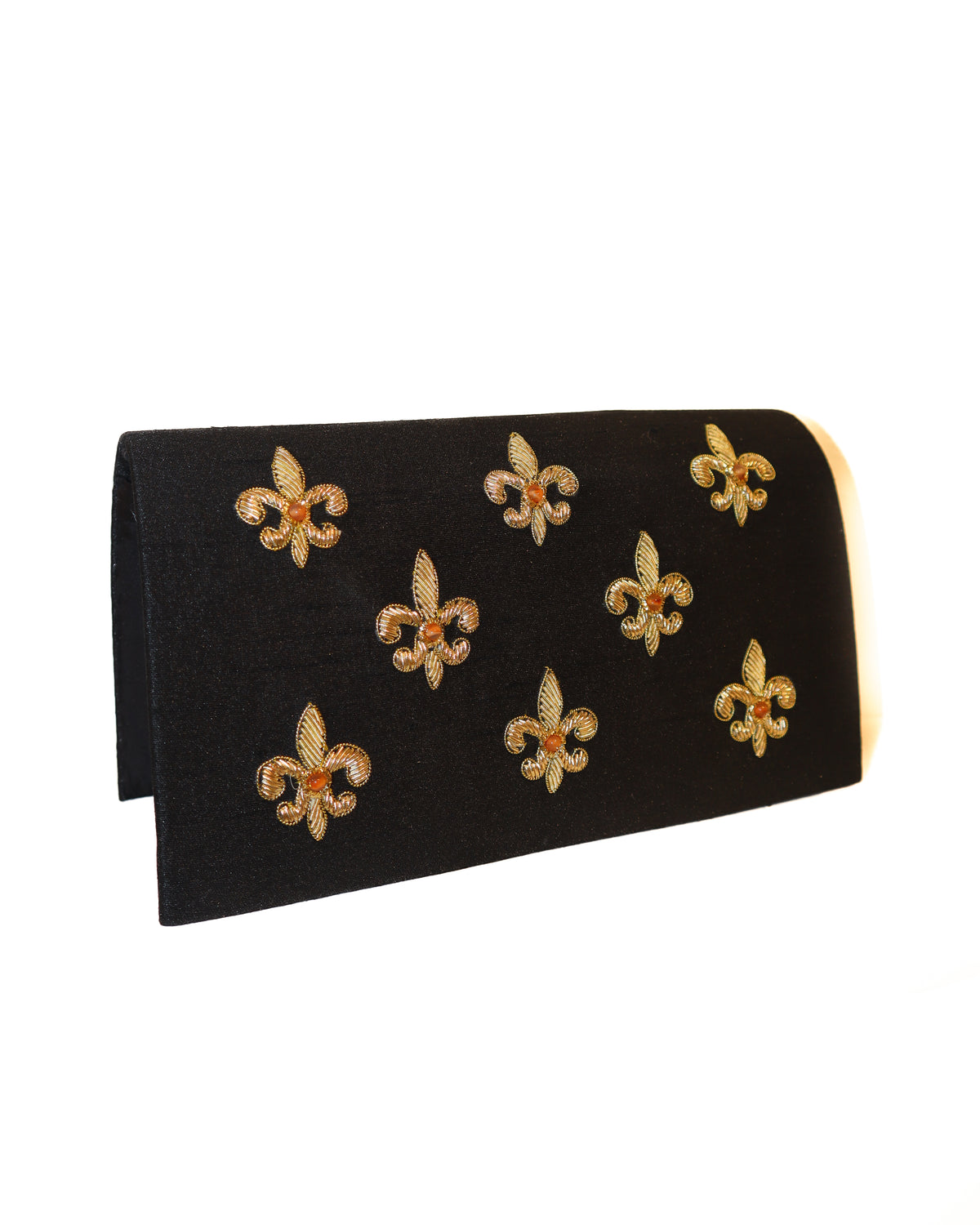 Evening Clutch | Gold Embroidered Fleur de Lis | Black Silk &amp; Citrine | Mariam Zardozi