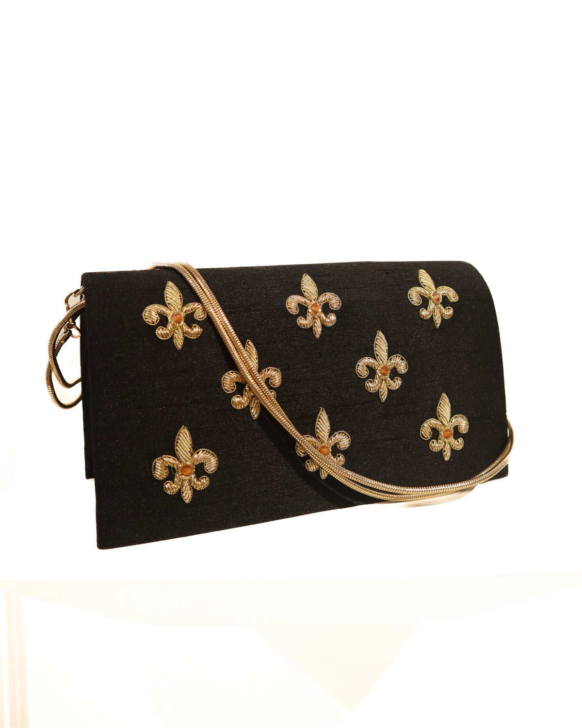 Evening Clutch | Gold Embroidered Fleur de Lis | Black Silk &amp; Citrine | Mariam Zardozi