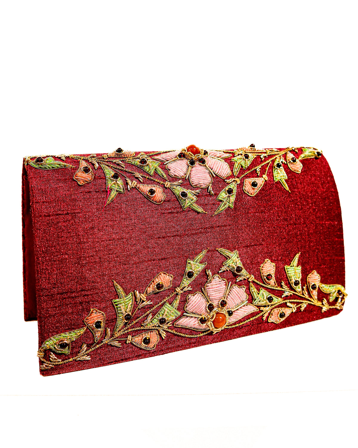 Evening Clutch | Embroidered Floral | Rose Silk &amp; Garnets | Mariam Zardozi