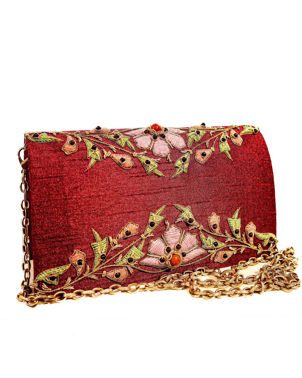 Evening Clutch | Embroidered Floral | Rose Silk &amp; Garnets | Mariam Zardozi