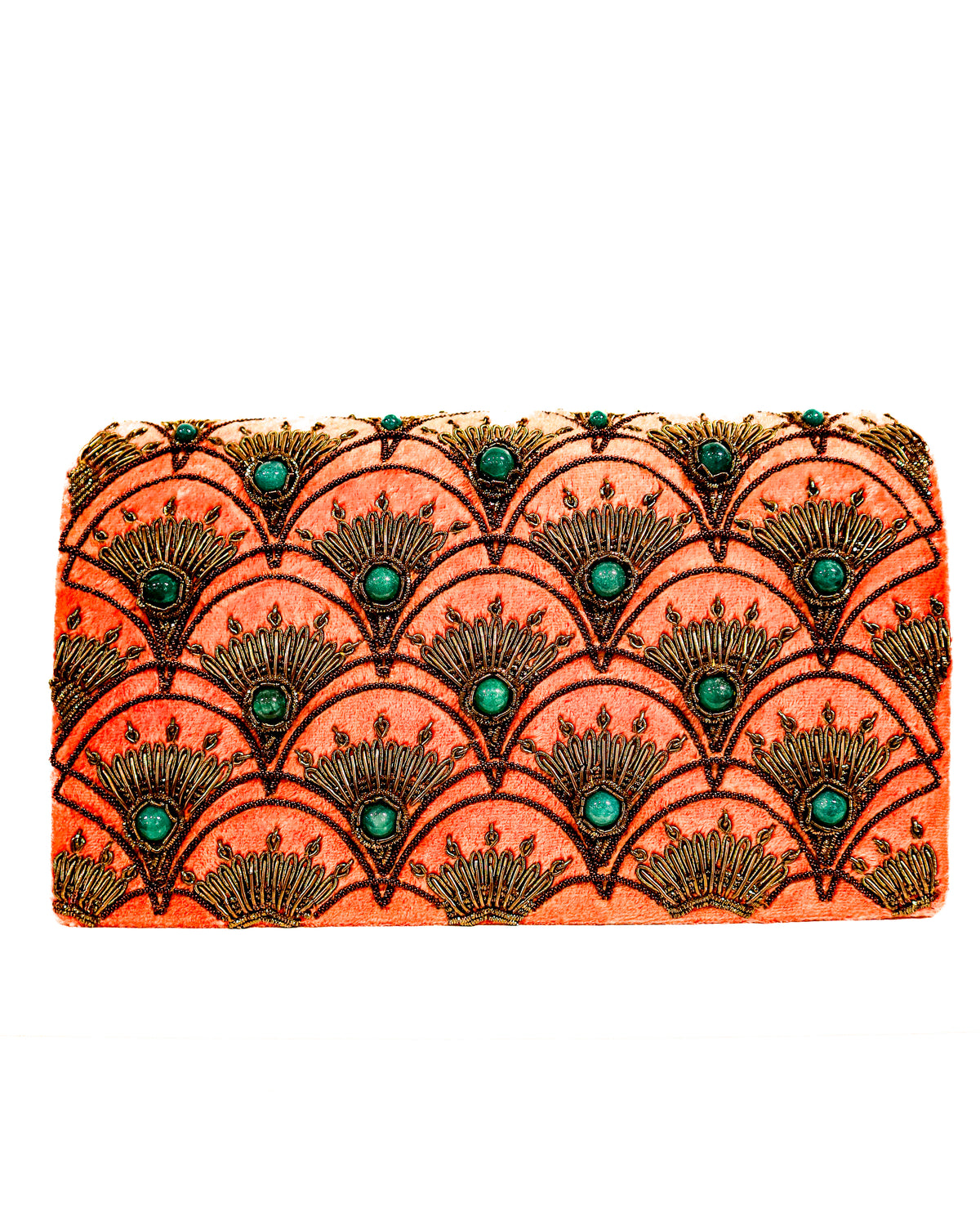 Evening Clutch | Embroidered Peacock Feather | Coral Velvet &amp; Jade | Mariam Zardozi