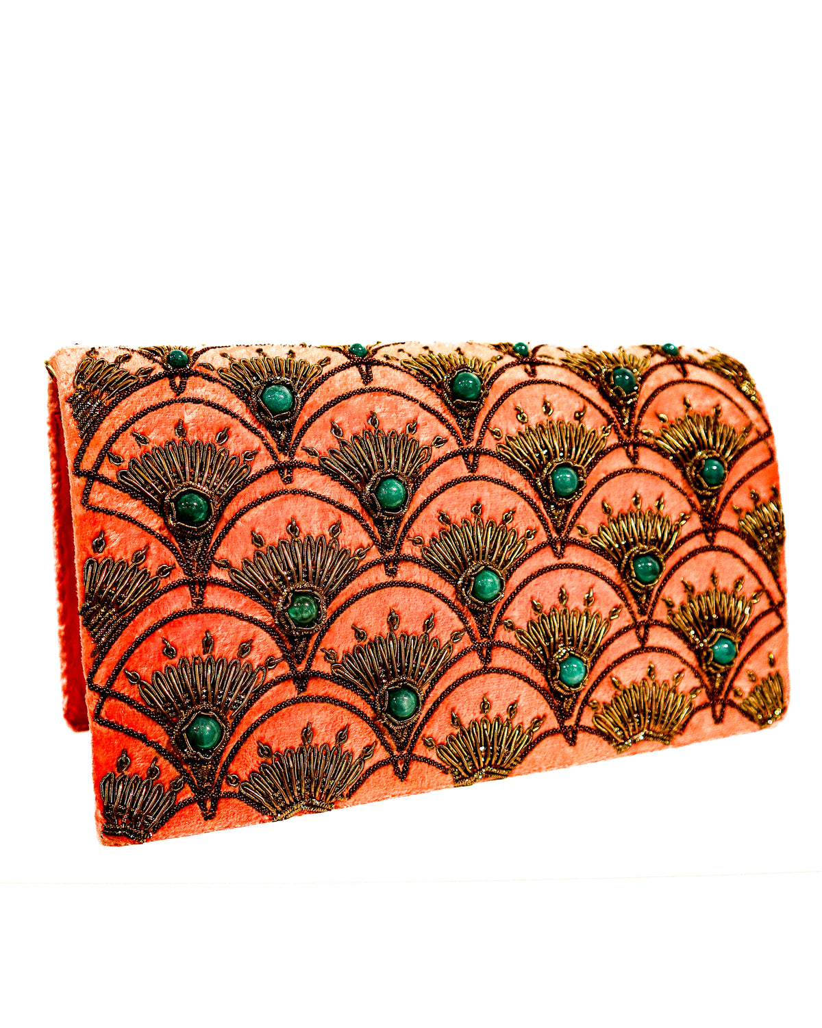 Evening Clutch | Embroidered Peacock Feather | Coral Velvet &amp; Jade | Mariam Zardozi