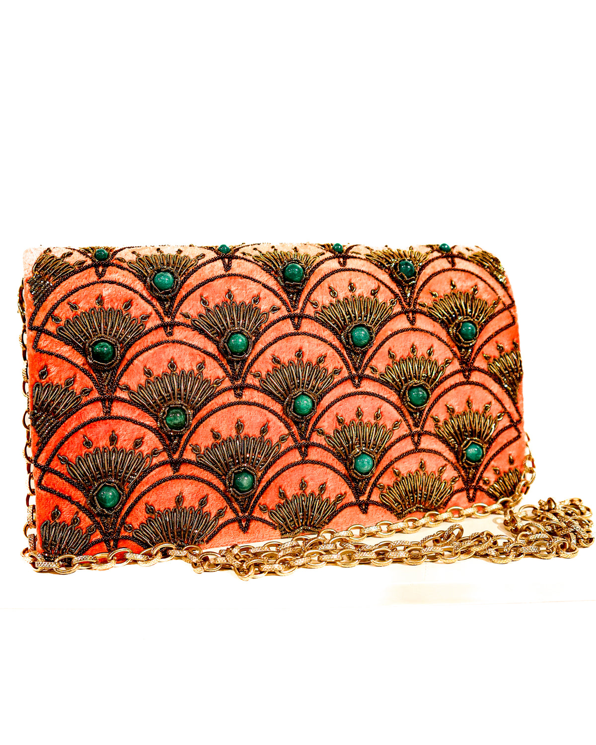 Evening Clutch | Embroidered Peacock Feather | Coral Velvet &amp; Jade | Mariam Zardozi
