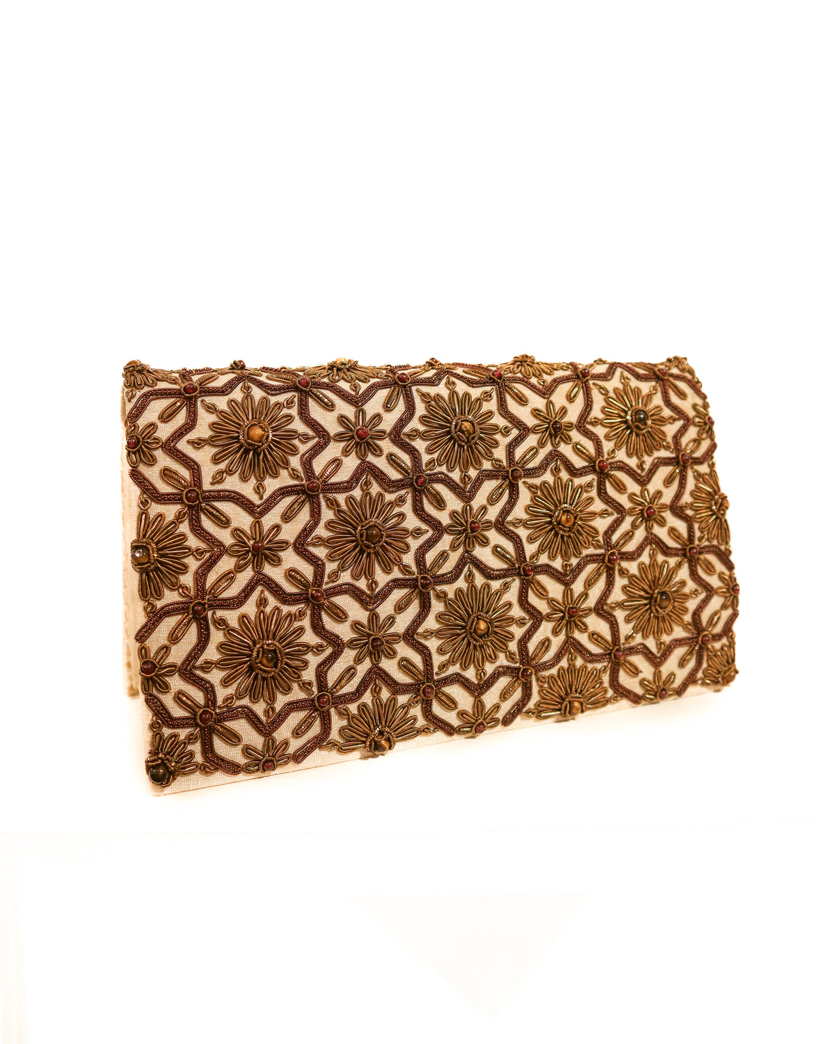 Evening Clutch | Embroidered Trellis | Creme Silk, Antique Gold, &amp; Citrine | Mariam Zardozi