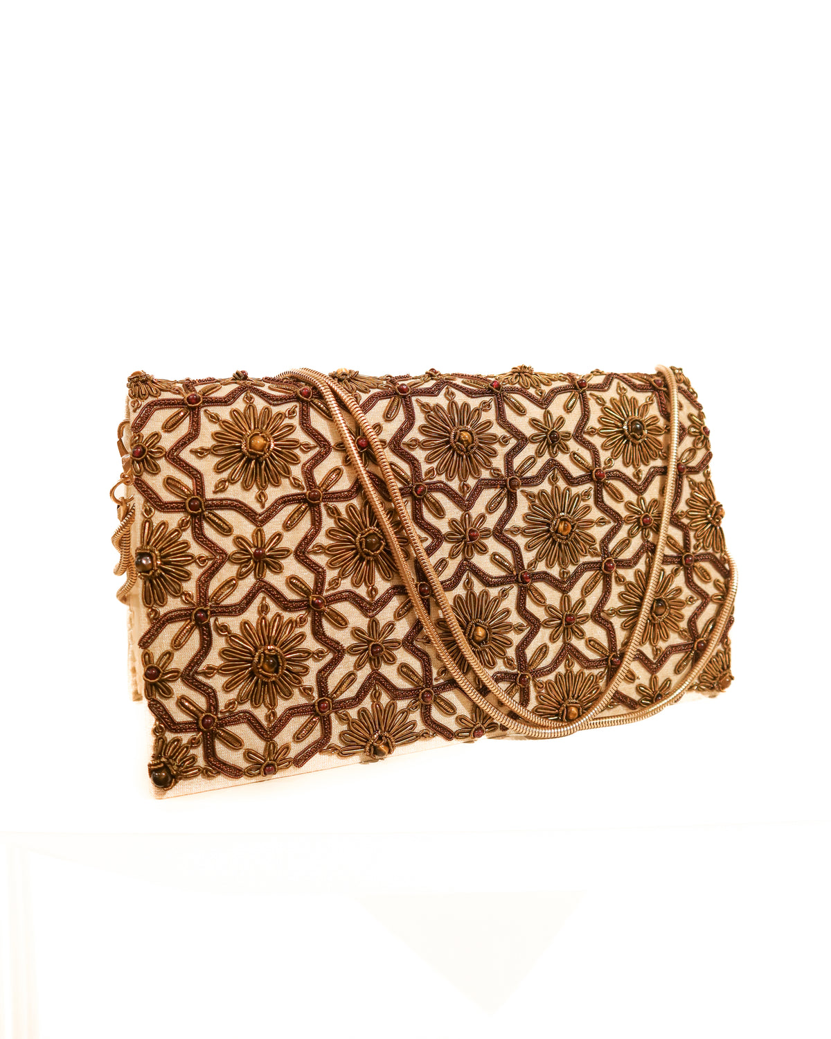 Evening Clutch | Embroidered Trellis | Creme Silk, Antique Gold, &amp; Citrine | Mariam Zardozi