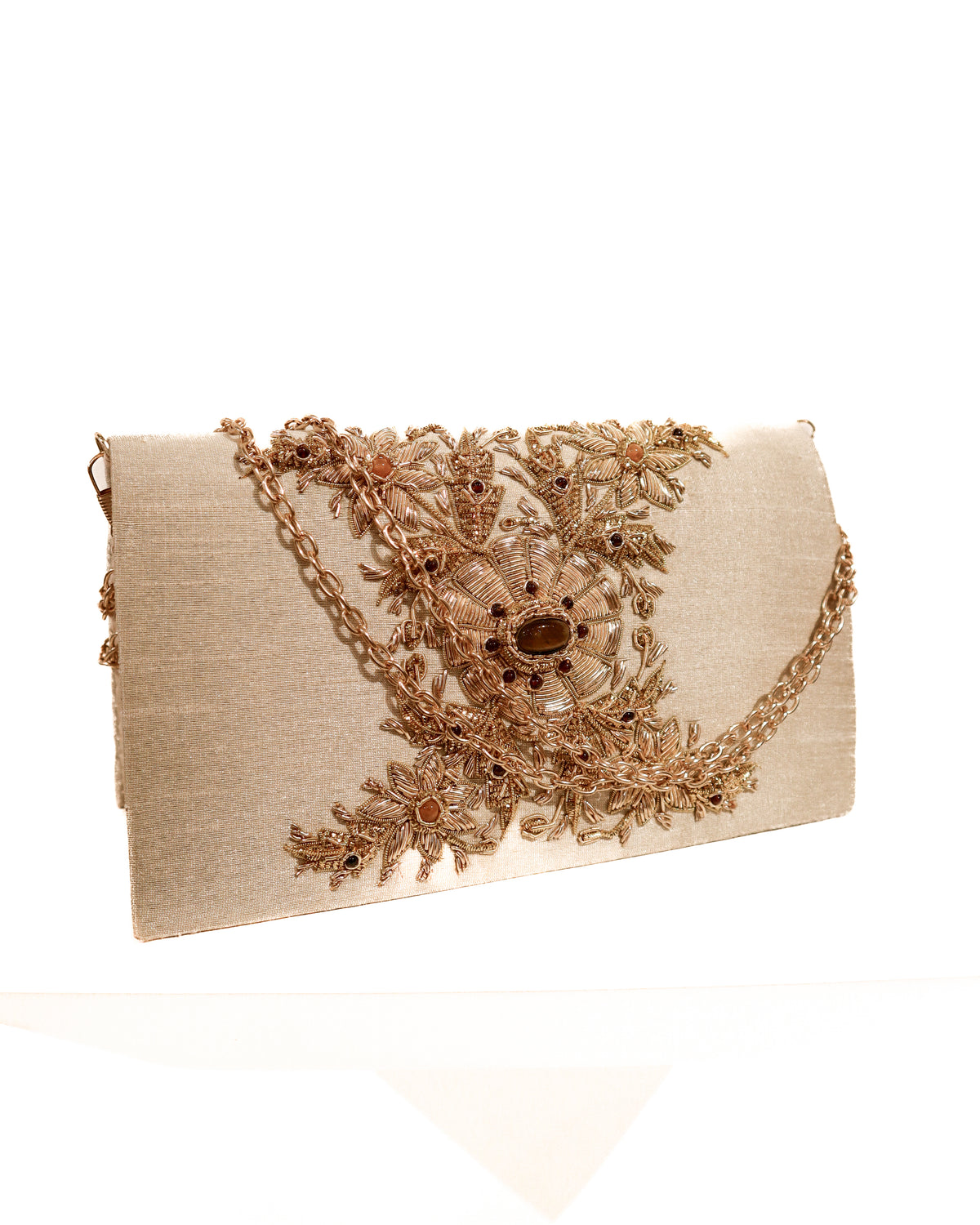 Evening Clutch | Gold Bullion Floral Embroidery | Creme Silk &amp; Topaz | Mariam Zardozi