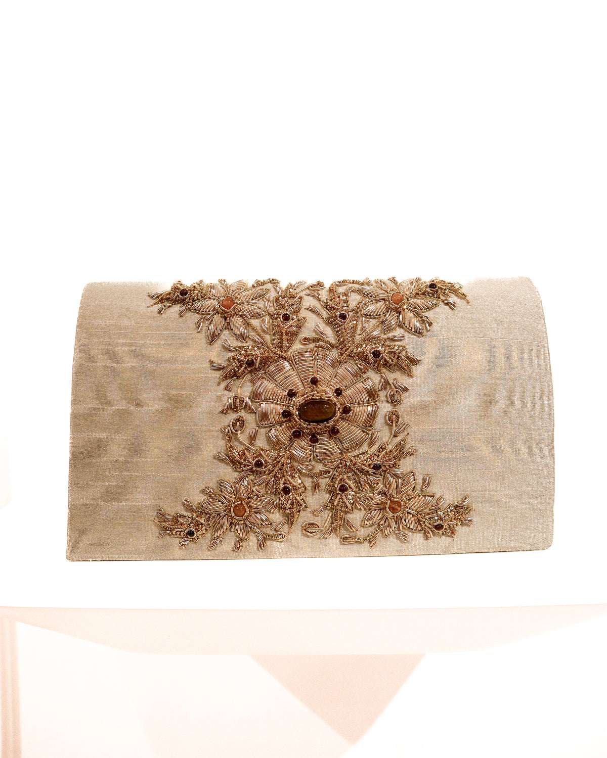 Evening Clutch | Gold Bullion Floral Embroidery | Creme Silk &amp; Topaz | Mariam Zardozi