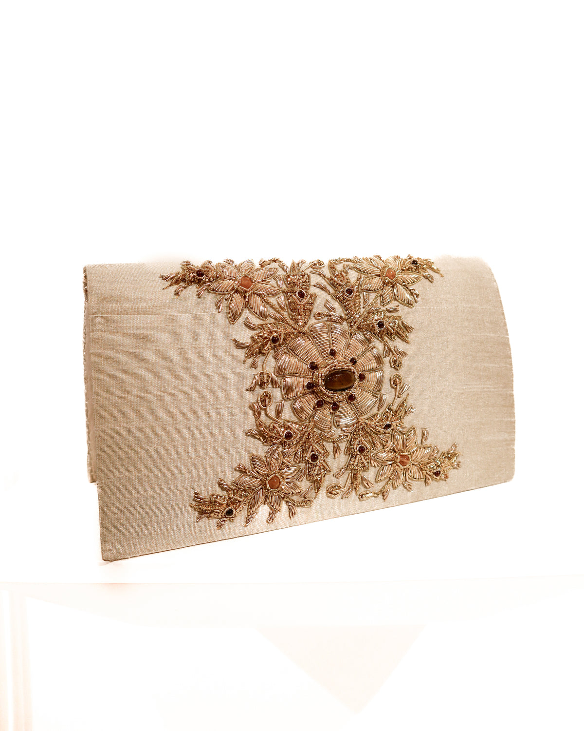 Evening Clutch | Gold Bullion Floral Embroidery | Creme Silk &amp; Topaz | Mariam Zardozi