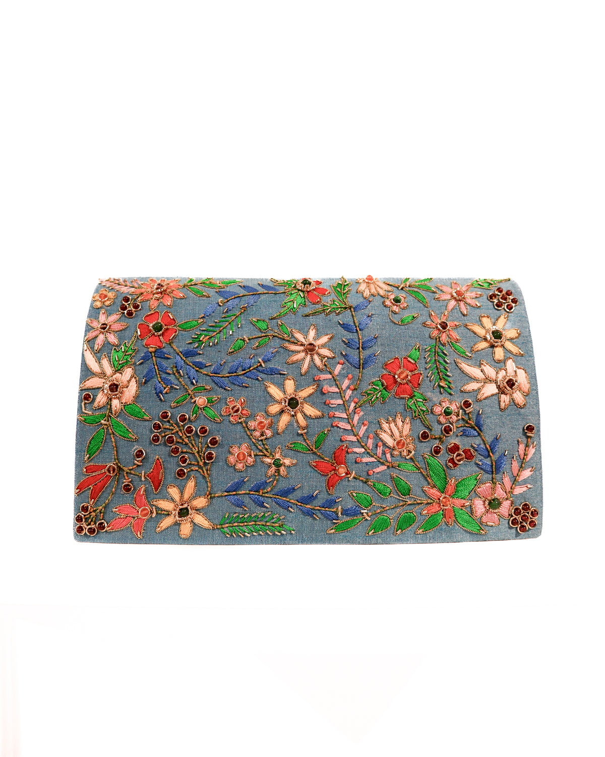 Evening Clutch | Bold Floral | Cornflower Silk, Emerald, Amethyst, and Citrine | Miriam Zardozi