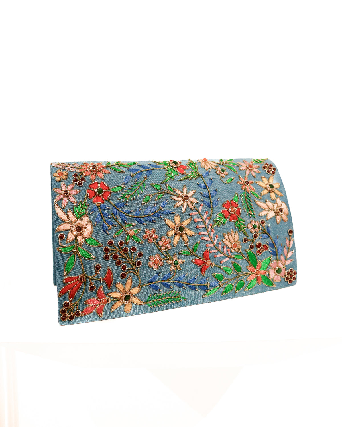 Evening Clutch | Bold Floral | Cornflower Silk, Emerald, Amethyst, and Citrine | Miriam Zardozi