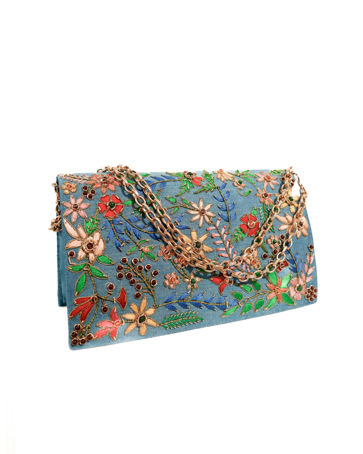 Evening Clutch | Bold Floral | Cornflower Silk, Emerald, Amethyst, and Citrine | Miriam Zardozi