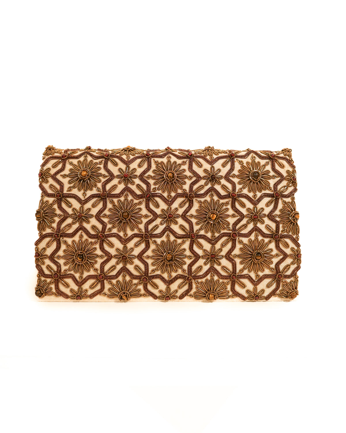 Evening Clutch | Embroidered Antique Gold Trellis | Creme Silk | Citrine | Mariam Zardozi