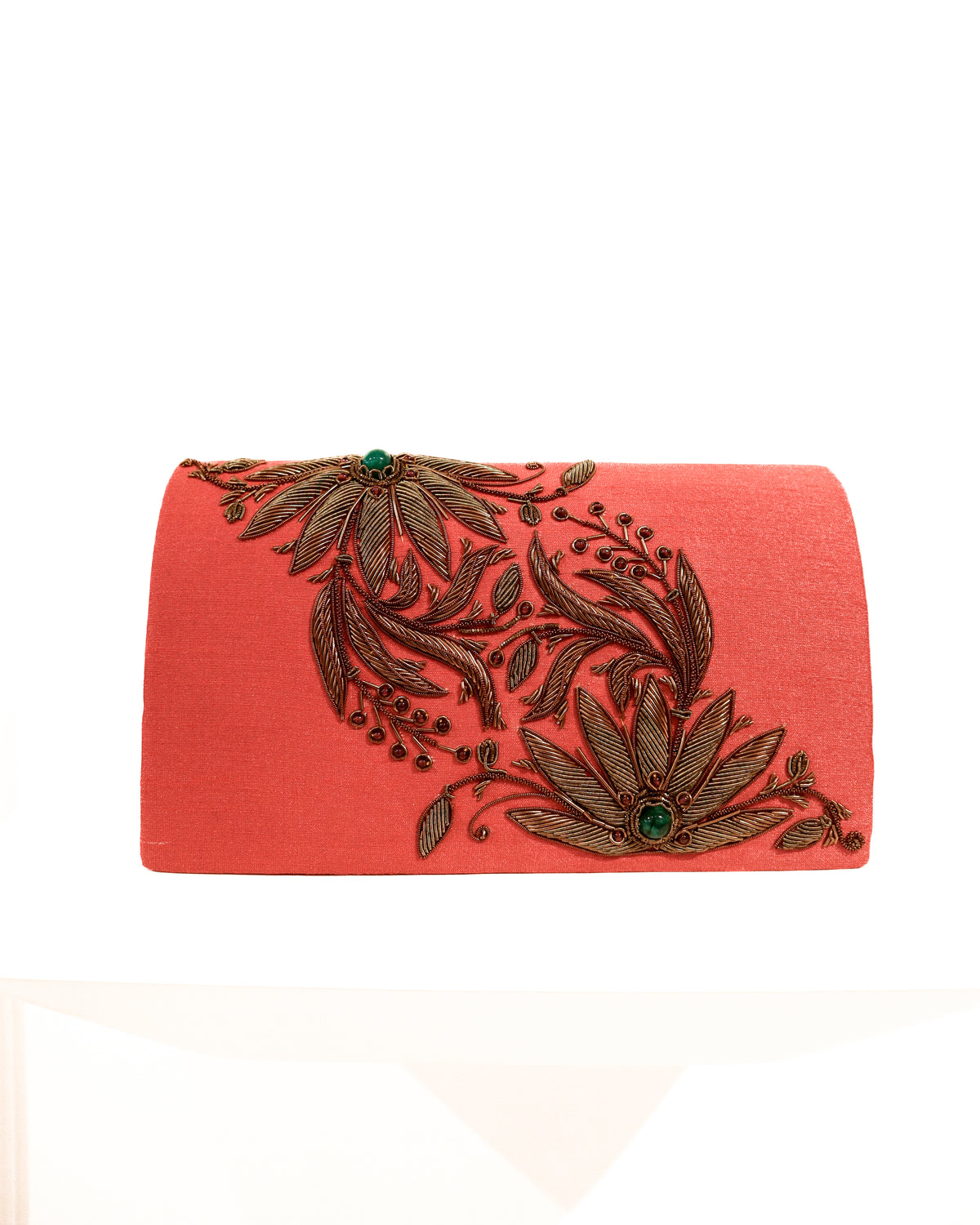 Evening Clutch | Embroidered Gold Lotus | Coral Silk, Amethyst &amp; Emerald