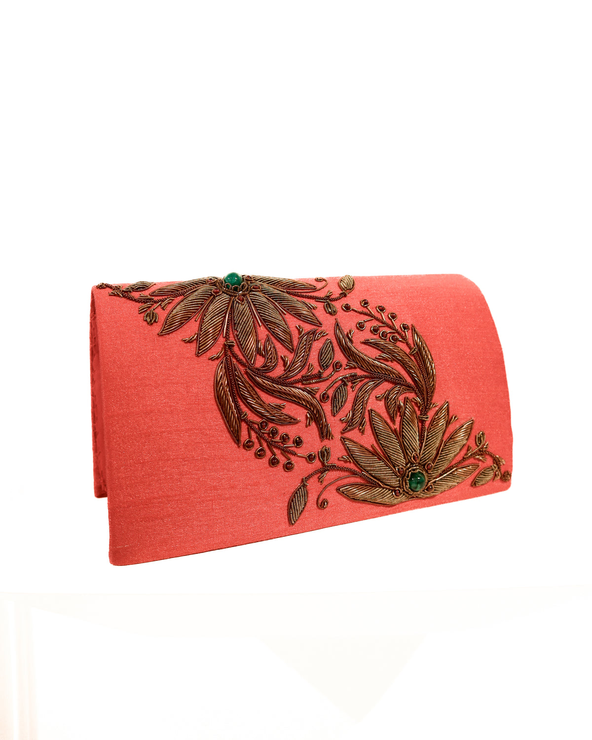 Evening Clutch | Embroidered Gold Lotus | Coral Silk, Amethyst &amp; Emerald