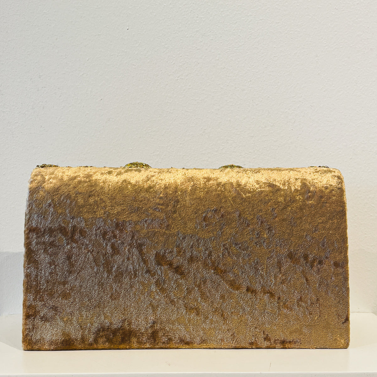 Evening Clutch | Gold Embroidery on Golden Velvet | Cabochon Gemstones (One Side) | Mariam Zardozi