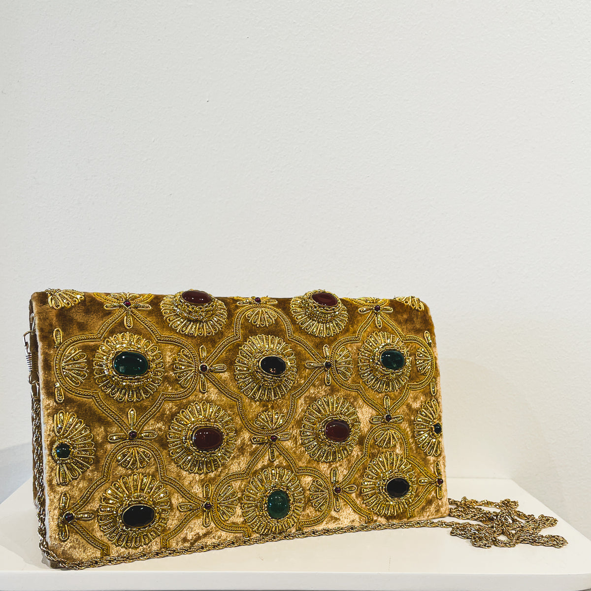 Evening Clutch | Gold Embroidery on Golden Velvet | Cabochon Gemstones (One Side) | Mariam Zardozi