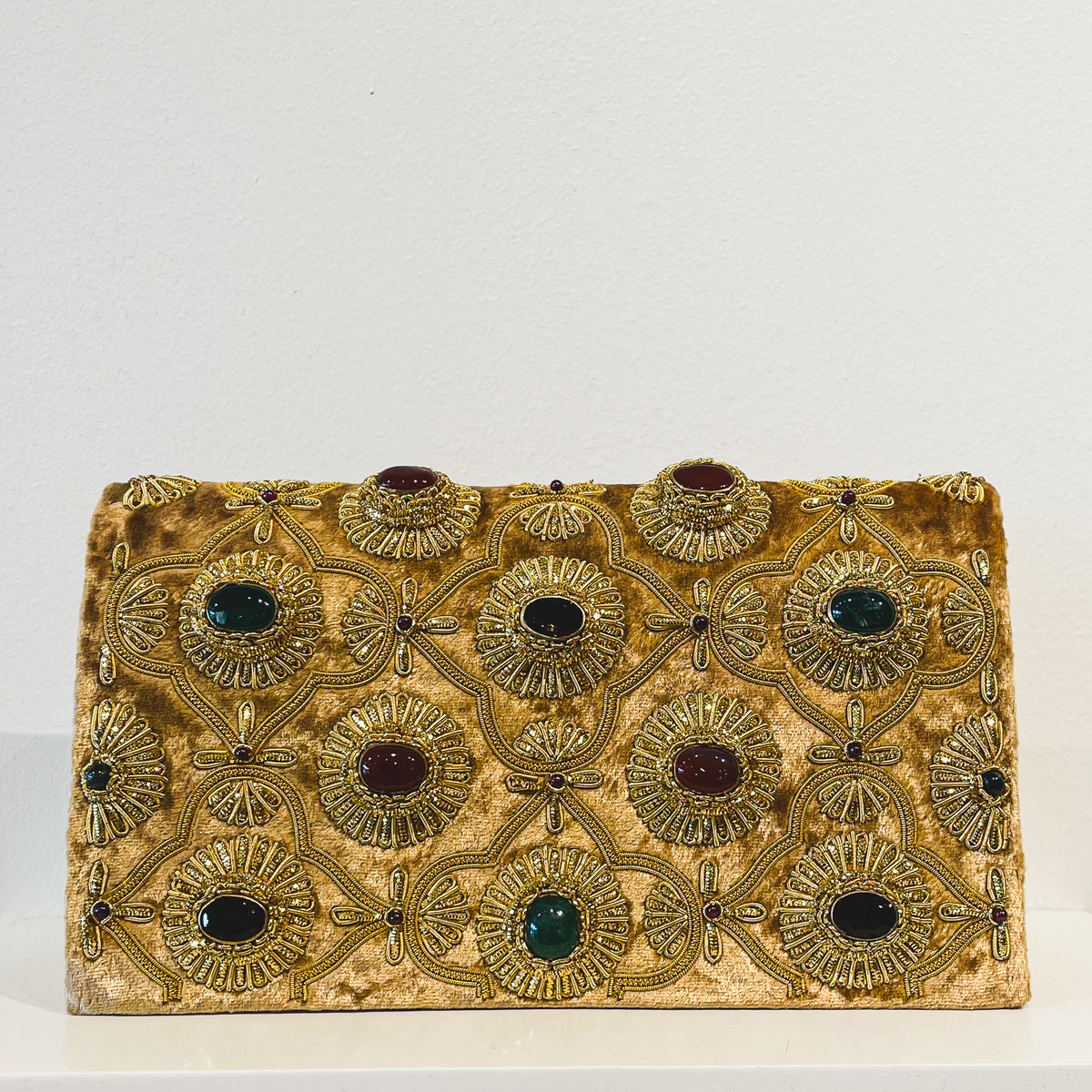 Evening Clutch | Gold Embroidery on Golden Velvet | Cabochon Gemstones (One Side) | Mariam Zardozi