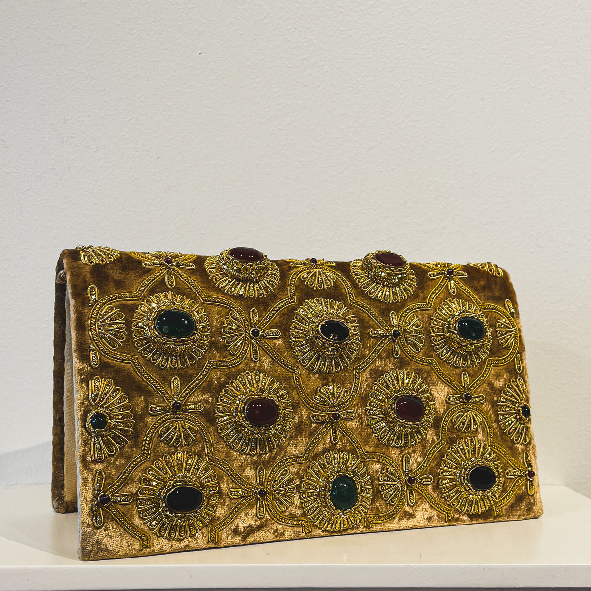 Evening Clutch | Gold Embroidery on Golden Velvet | Cabochon Gemstones (One Side) | Mariam Zardozi