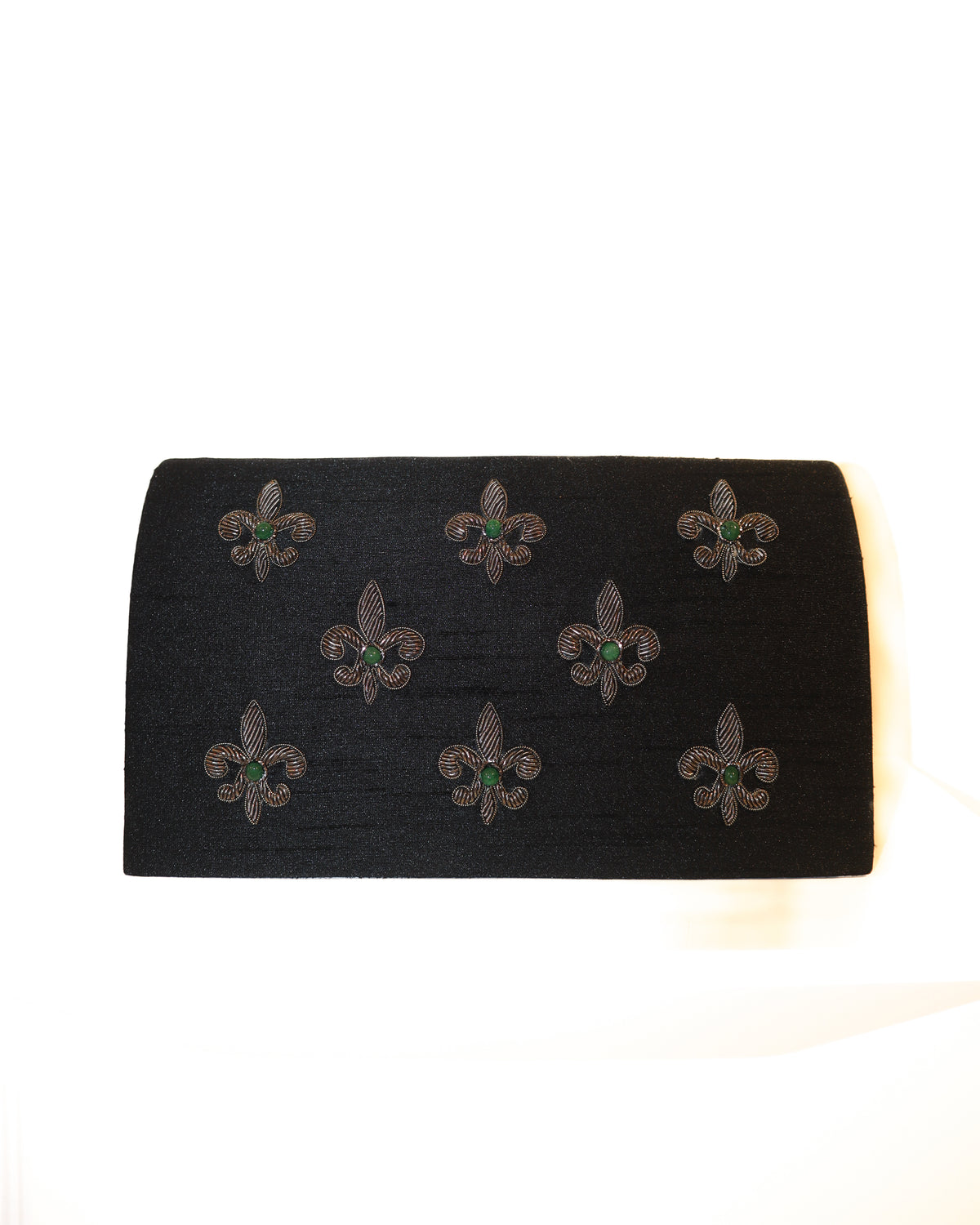 Evening Clutch | Gunmetal Embroidered Fleur de Lis | Black Silk | Citrine | Mariam Zardozi