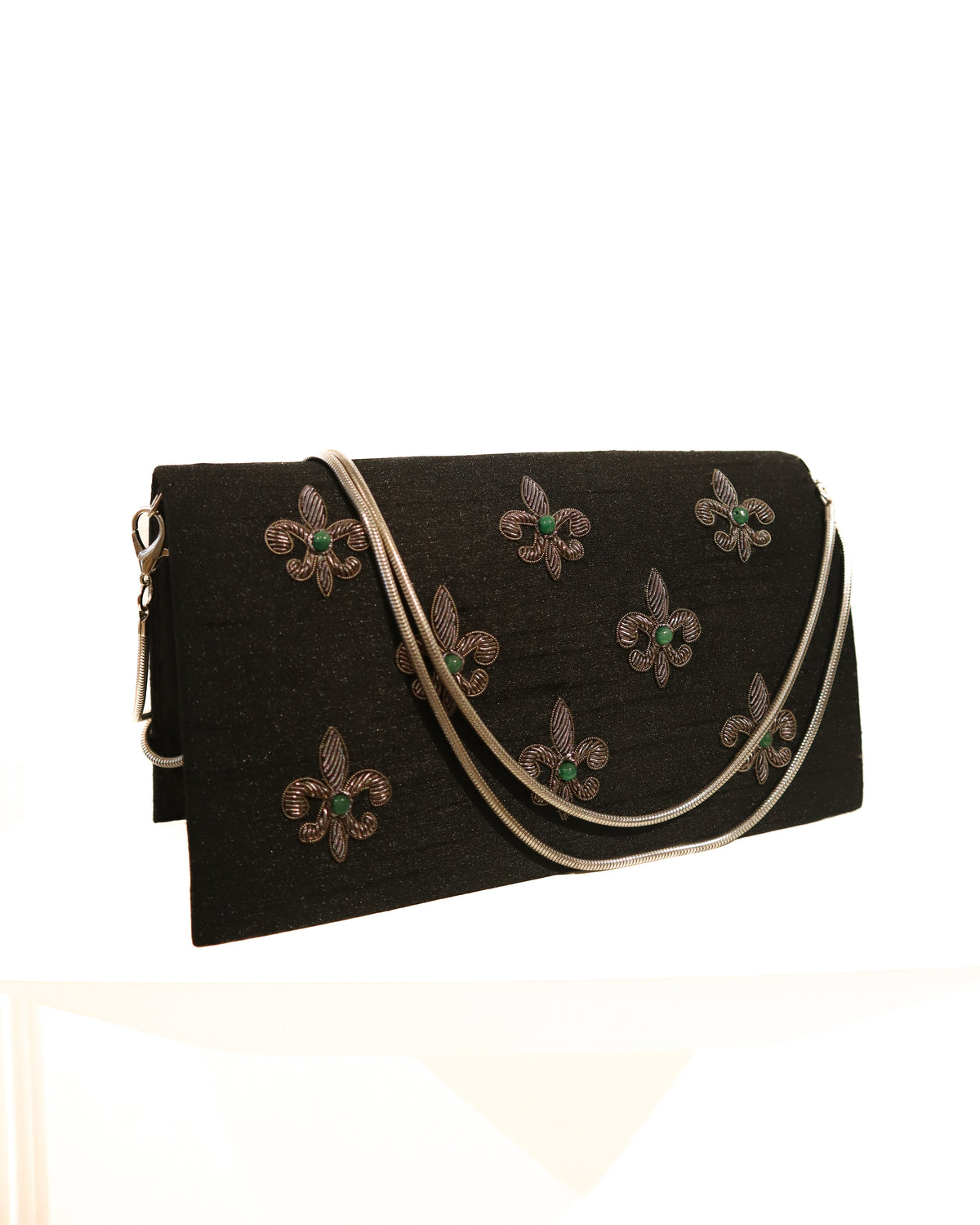 Evening Clutch | Gunmetal Embroidered Fleur de Lis | Black Silk | Citrine | Mariam Zardozi