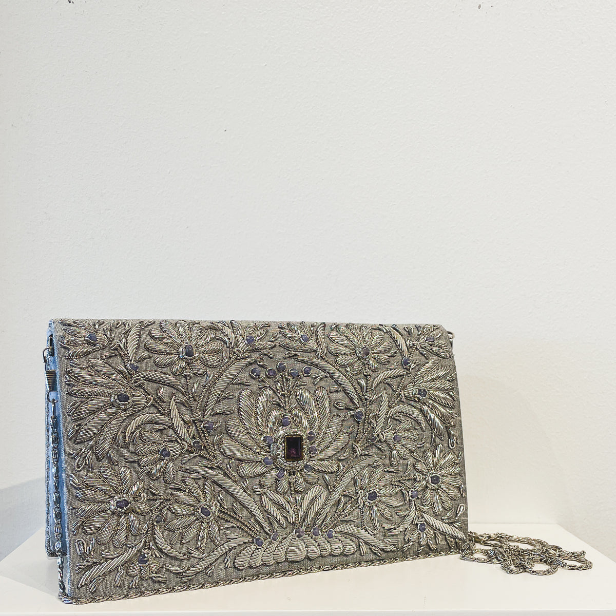 Evening Clutch | Pale Gray | Floral Embroidery &amp; Amethyst and Labradorite | Mariam Zardozi