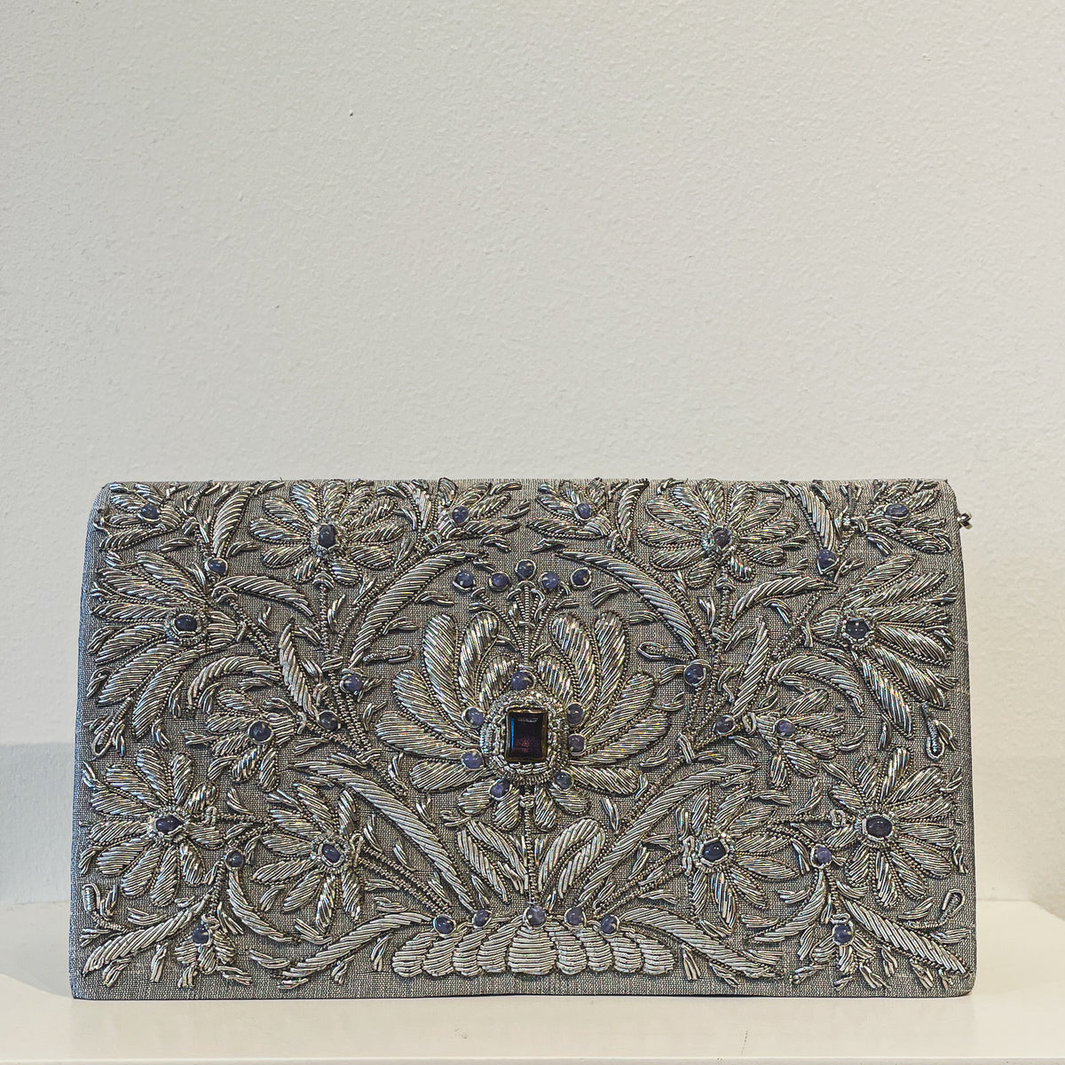 Evening Clutch | Pale Gray | Floral Embroidery &amp; Amethyst and Labradorite | Mariam Zardozi