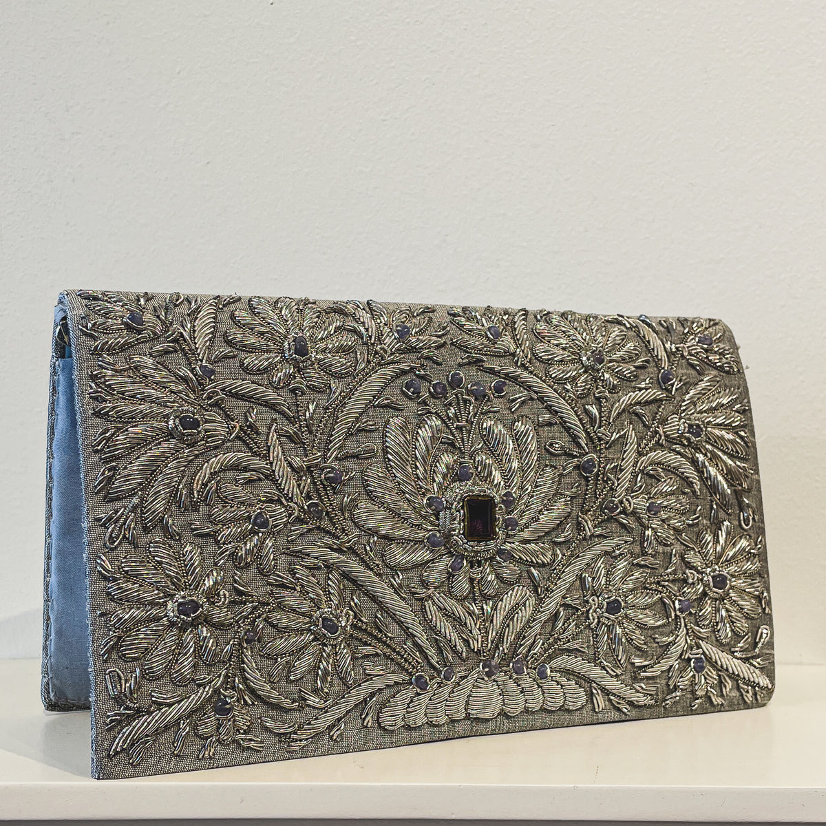 Evening Clutch | Pale Gray | Floral Embroidery &amp; Amethyst and Labradorite | Mariam Zardozi