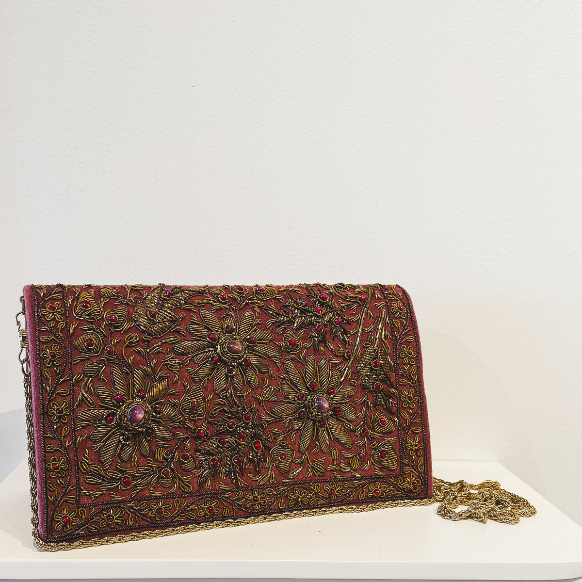 Evening Clutch | Rust Velvet | Gold Floral Embroidery with Amethyst and Garnet | Mariam Zardozi