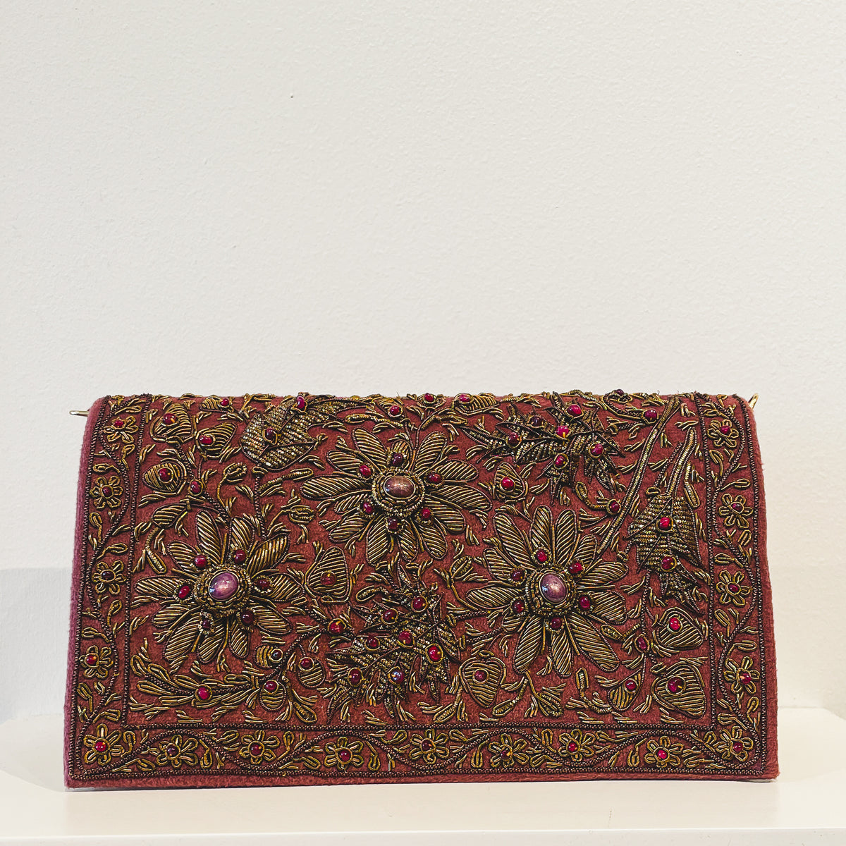 Evening Clutch | Rust Velvet | Gold Floral Embroidery with Amethyst and Garnet | Mariam Zardozi