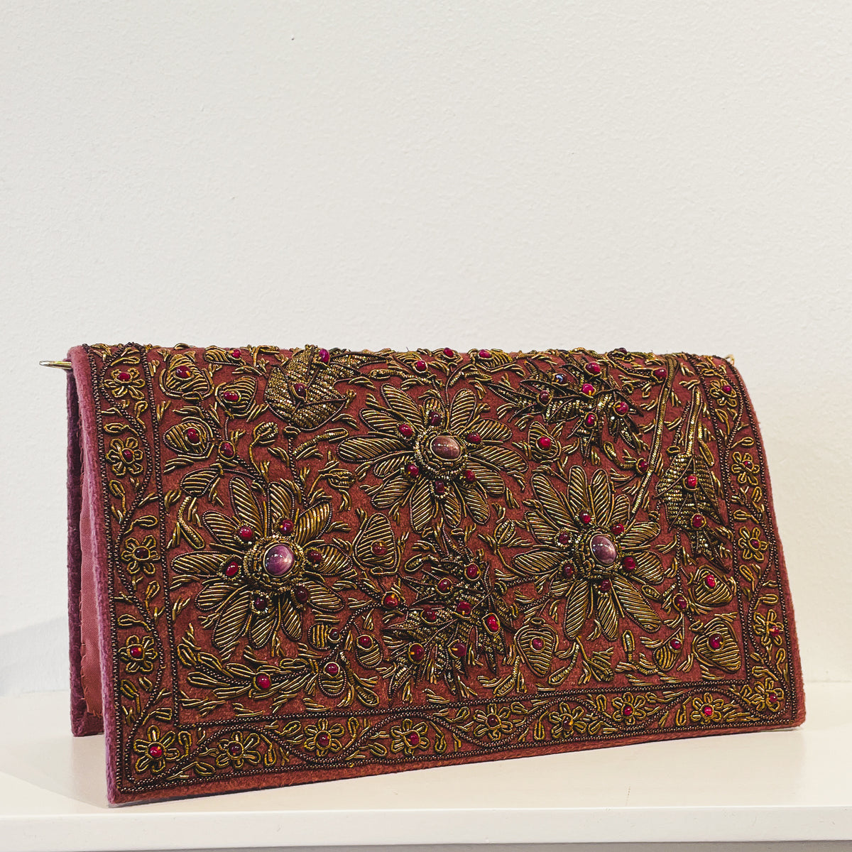 Evening Clutch | Rust Velvet | Gold Floral Embroidery with Amethyst and Garnet | Mariam Zardozi