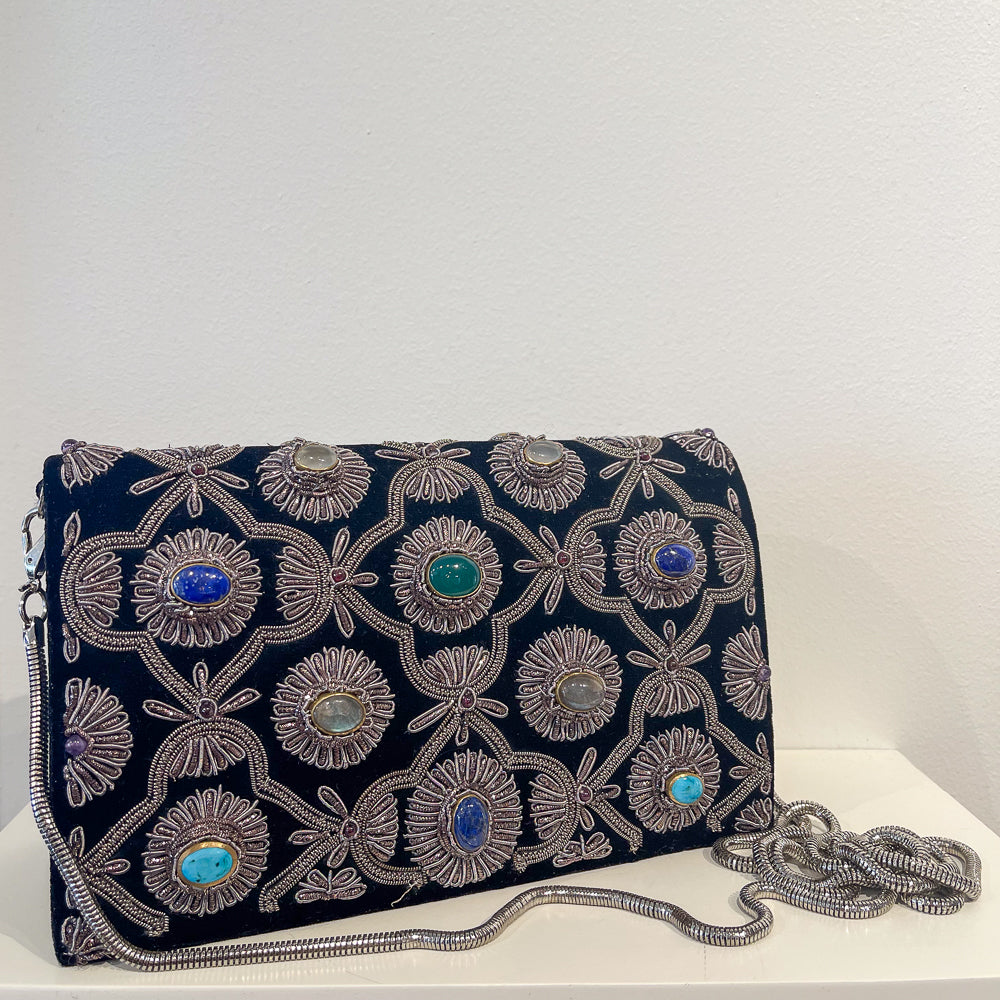Evening Clutch | Silver Embroidery | Cabochon Gemstones | Mariam Zardozi