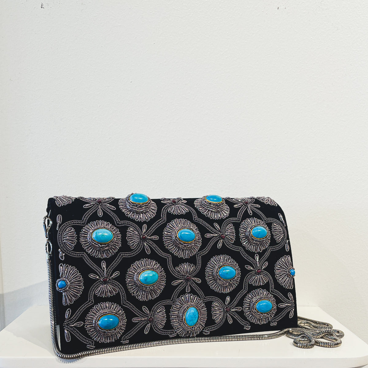 Evening Clutch | Silver Embroidery | Turquoise Cabochon Gemstones (One Side) | Mariam Zardozi