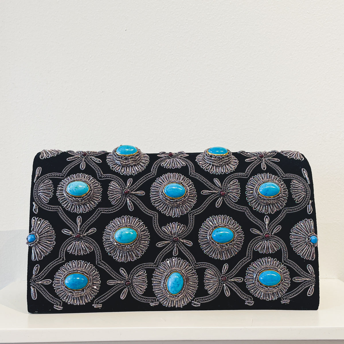 Evening Clutch | Silver Embroidery | Turquoise Cabochon Gemstones (One Side) | Mariam Zardozi