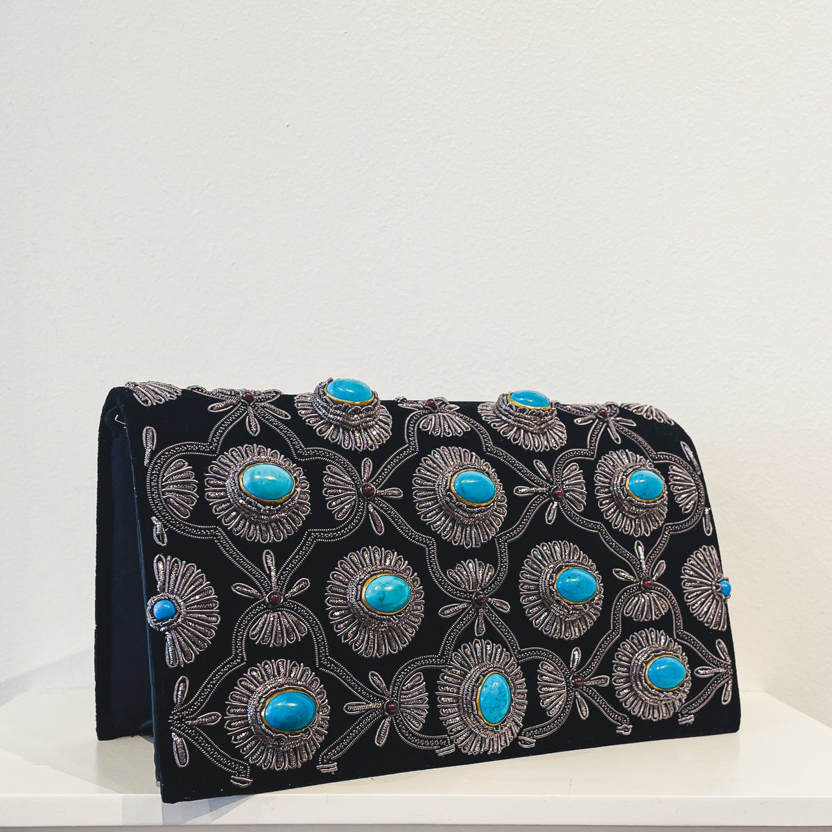 Evening Clutch | Silver Embroidery | Turquoise Cabochon Gemstones (One Side) | Mariam Zardozi