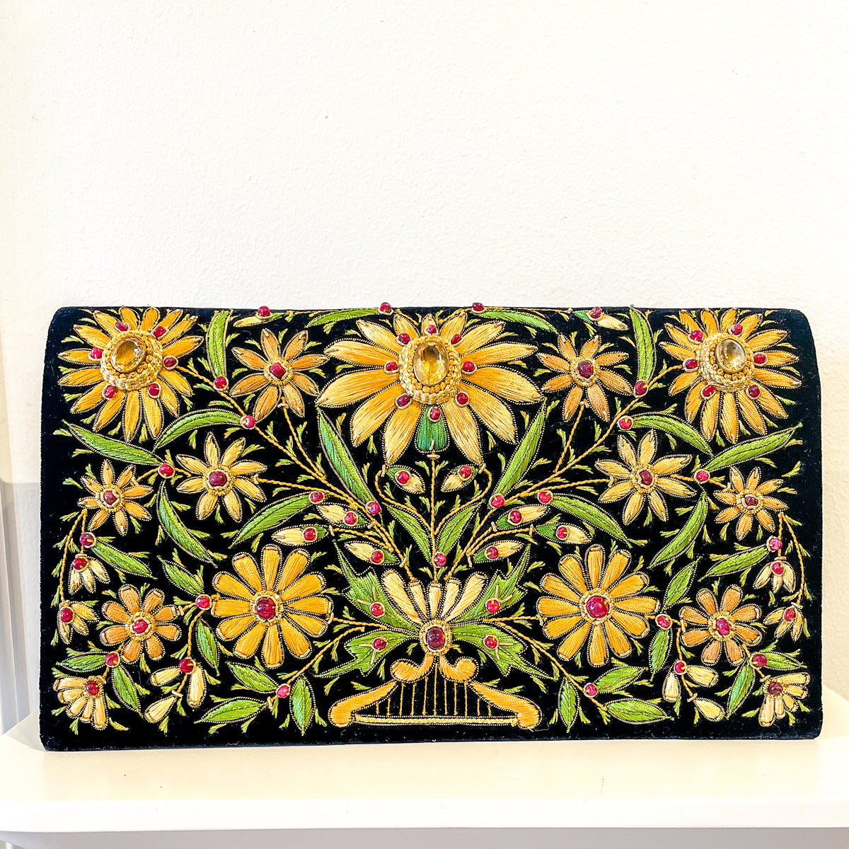 Evening Bag | Lotus Flower | Black &amp; Gold | Mariam Zardozi