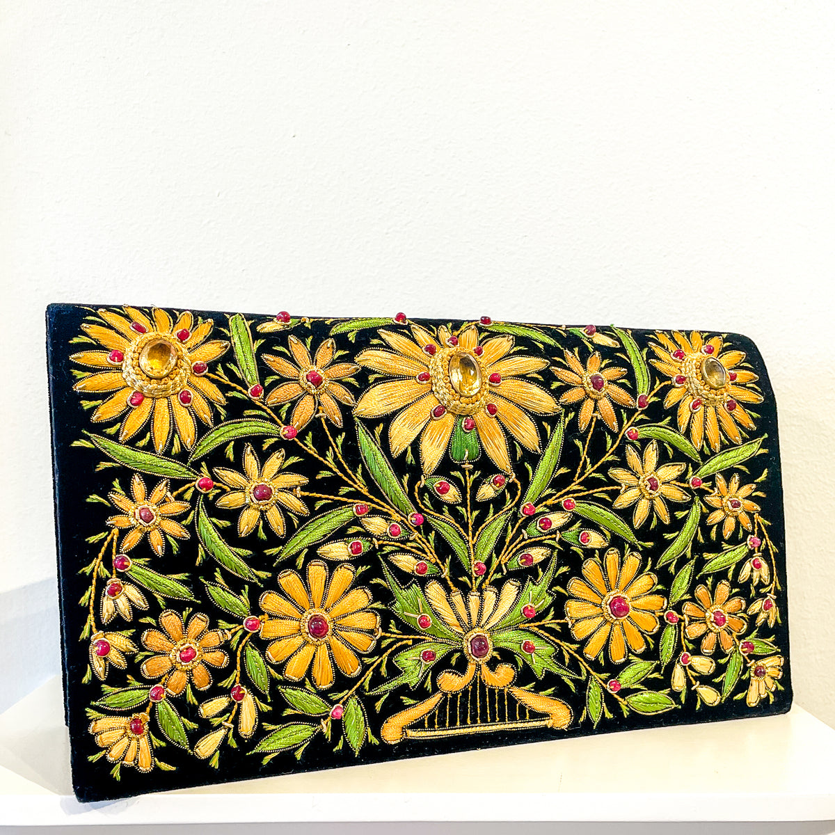 Evening Bag | Lotus Flower | Black &amp; Gold | Mariam Zardozi
