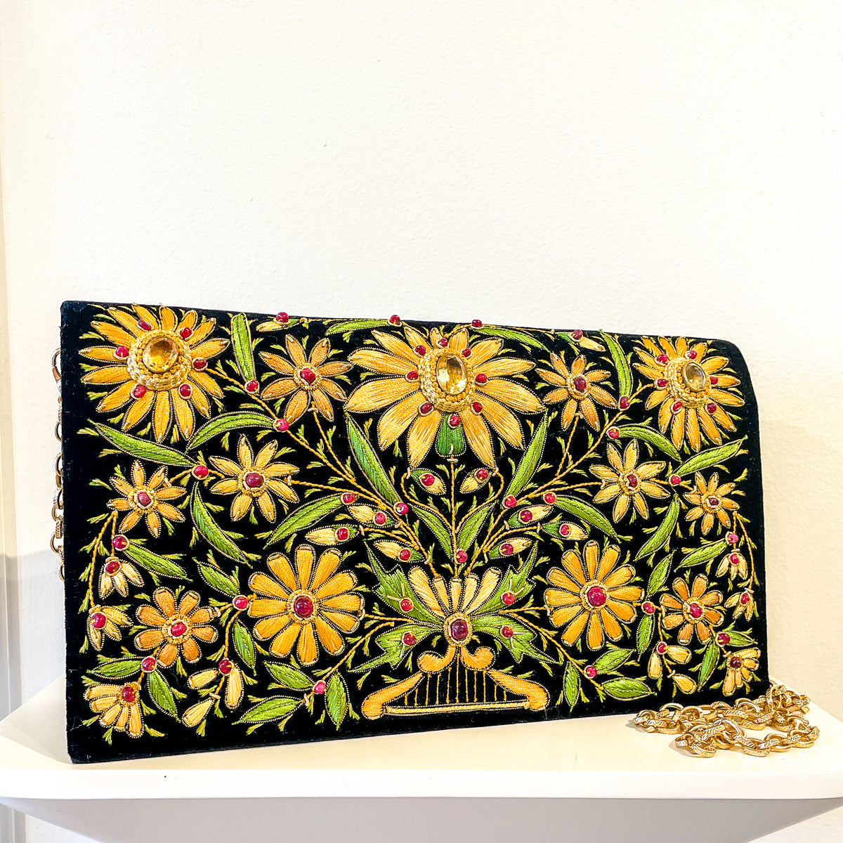 Evening Bag | Lotus Flower | Black &amp; Gold | Mariam Zardozi