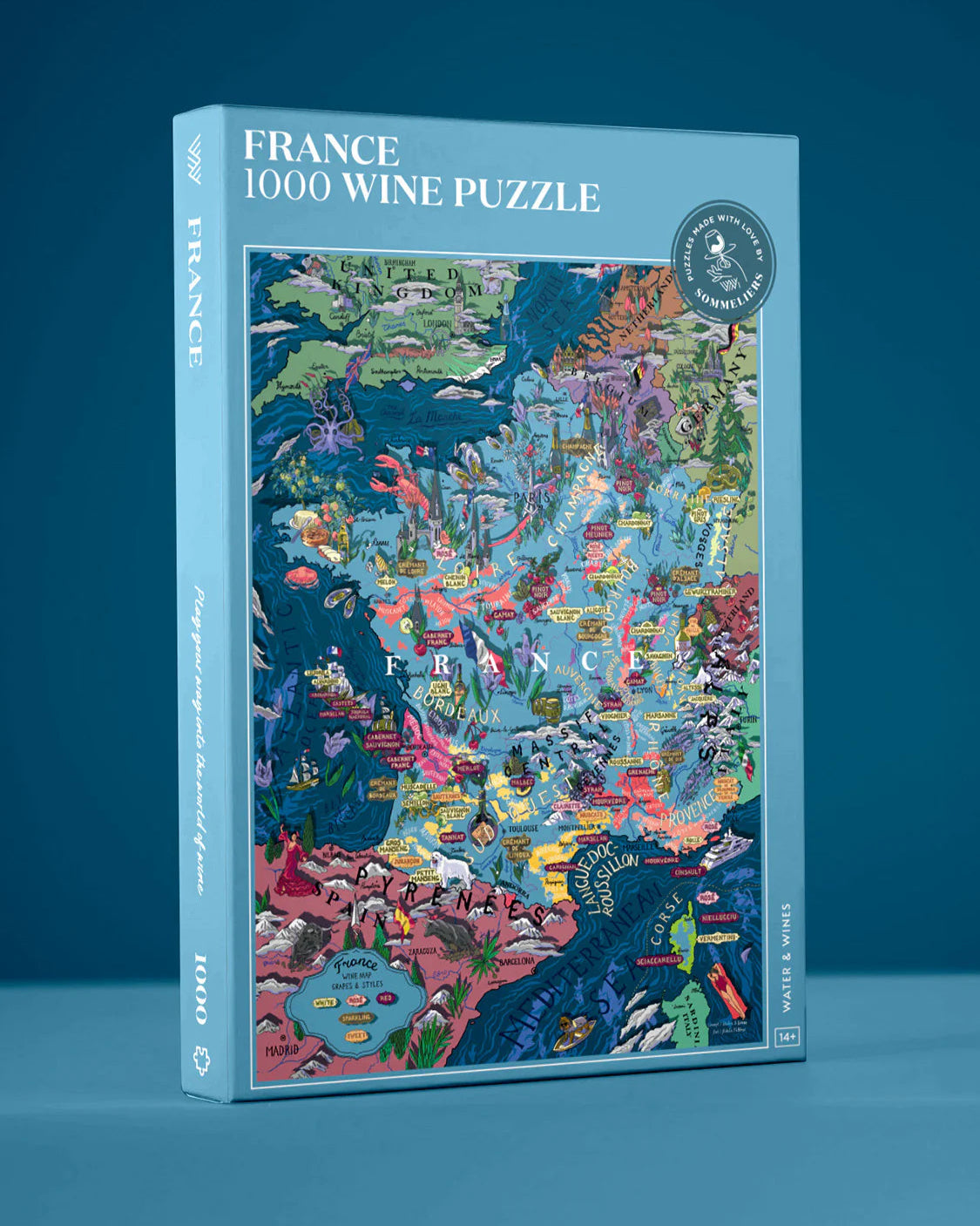 Puzzle box with a colorful map of France on a blue background