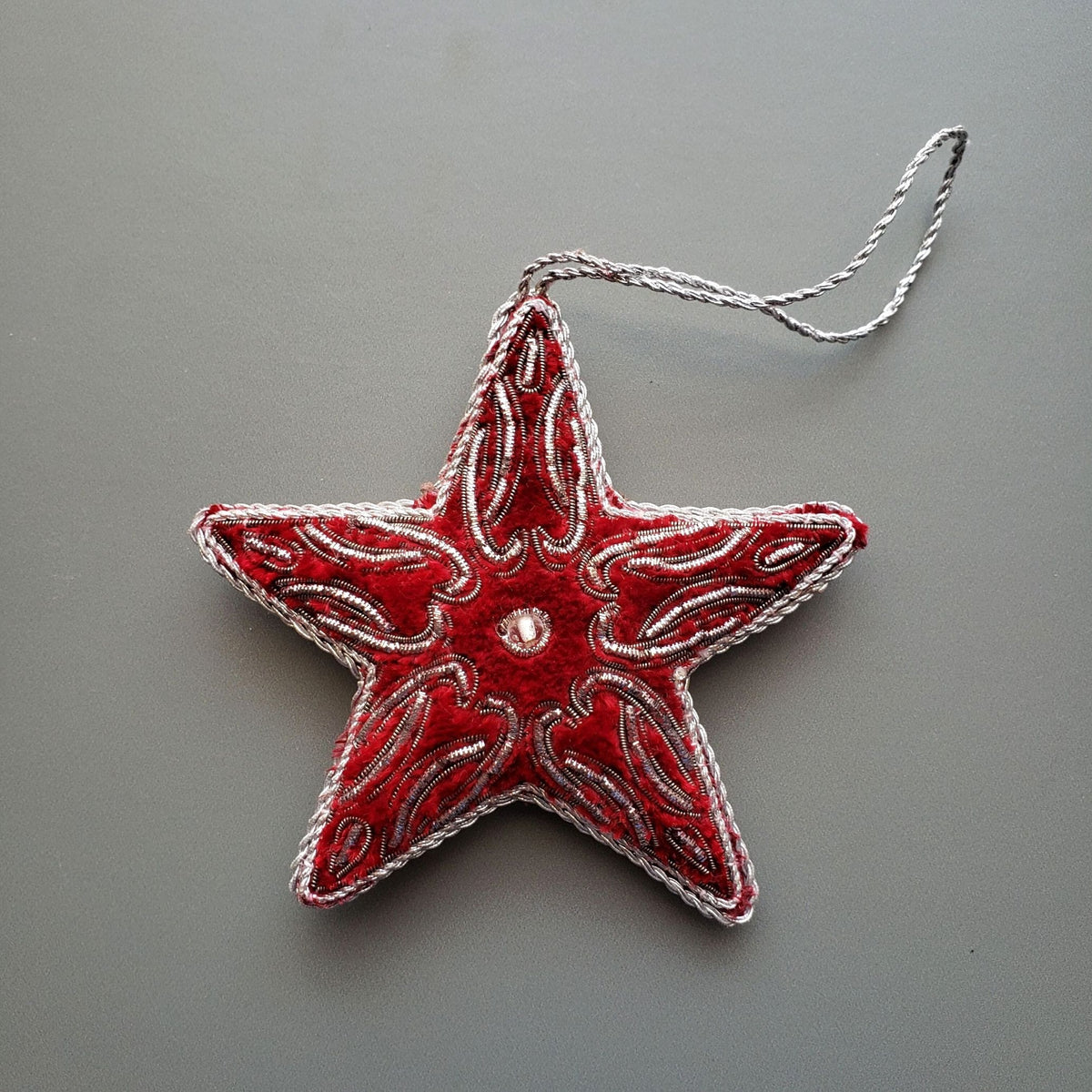 Hand Embroidered Ornament  |  4&quot; Star | Burgundy Velvet | Mariam Zardozi