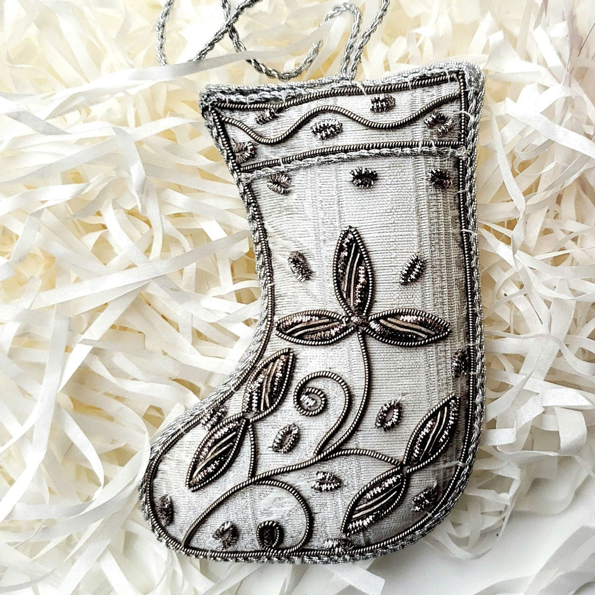 Hand Embroidered Ornament | Christmas Stocking | White &amp; Silver | Mariam Zardozi