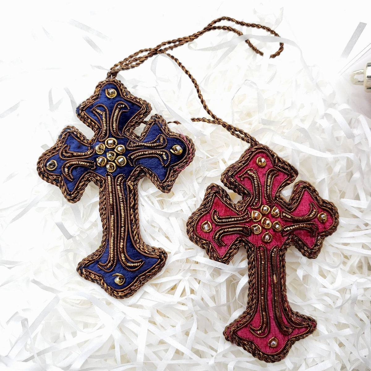 Hand Embroidered Ornament  | Cross (Small) | Red &amp; Pink | Mariam Zardozi