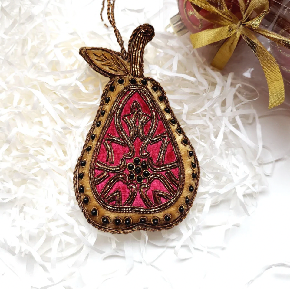 Hand Embroidered Ornament | Pear | Gold | Mariam Zardozi