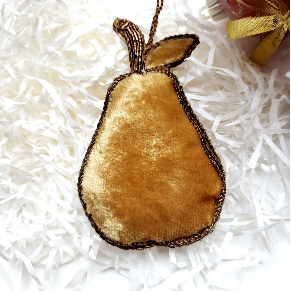 Hand Embroidered Ornament | Pear | Gold | Mariam Zardozi