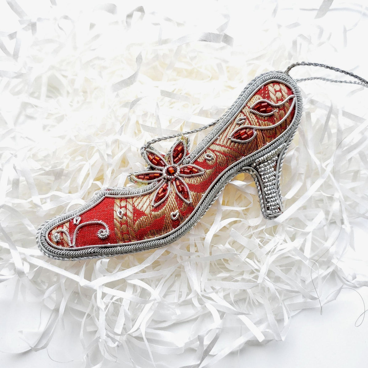 Hand Embroidered Ornament | Silk Shoe | Red | Mariam Zardozi